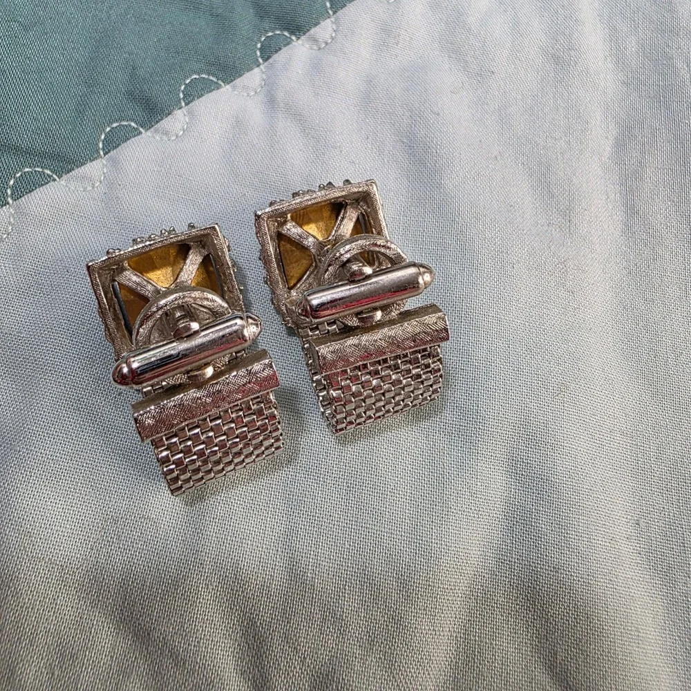 Vintage Mesh Wrap Cufflinks Mens Blue Crystal‎ Silver Tone Square Toggle Back